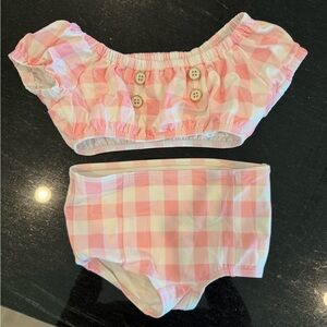 Janie and Jack Girl Candy Pink Gingham Puff Sleeve 2-Piece Swimsuit.